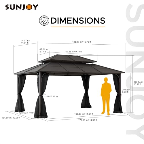 Sunjoy Hardtop Gazebo 12 x 16 ft. Outdoor Gazebo, Heavy Duty Steel Frame Gazebo, Double Tiered Metal Gazebo with Ceiling Hook and Removable Netting Sidewalls, Brown Sunjoy