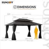 Sunjoy Hardtop Gazebo 12 x 16 ft. Outdoor Gazebo, Heavy Duty Steel Frame Gazebo, Double Tiered Metal Gazebo with Ceiling Hook and Removable Netting Sidewalls, Brown Sunjoy