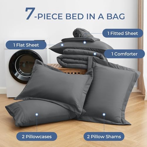 Sasttie Queen Comforter Set, 7 Pieces Bed in a Bag Queen, Complete Bedding Set Includes Grey Comforter, Flat Sheet, Fitted Sheet, Pillowcases and Pillow Shams, Dark Grey Sasttie