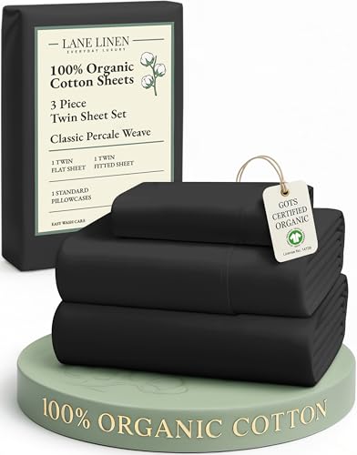 LANE LINEN 100% Organic Cotton Twin Bed Sheet Set, 3 Pc Twin Size Sheets Set, Soft & Breathable Twin Sheet Set Boys, Hotel Style Bedding Sheets & Pillowcases, 15" Deep Fitted Sheet - Black LANE LINEN