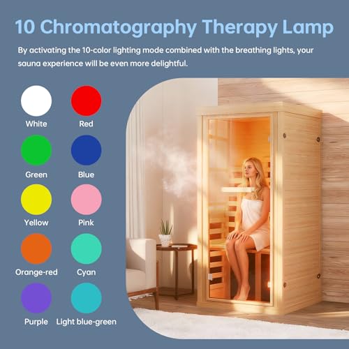 SunSwell 1-2 Person Far Infrared Wooden Sauna Room, Canadian Hemlock Indoor Dry Sauna Spa Room for Low EMF with Bluetooth Speakers and Control Panel, Whole Glass，32.28"x 32.28"x 66.14" SunSwell