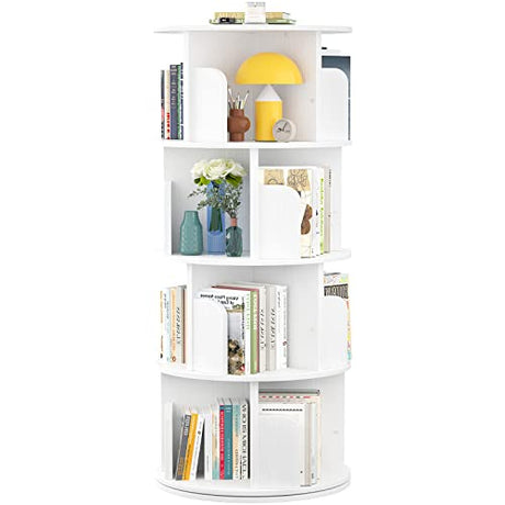 Aheaplus 360° Rotating Small Corner Bookshelf - 4 Tier Floor Standing Storage Rack in White Aheaplus