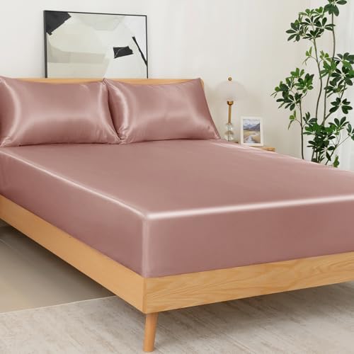 NSGZ 2 Pcs Satin Fitted Sheet and Pillowcase Set, Twin Silky Bottom Bedsheet Fit up to 15 Inch Deep Pocket Mattress, Champagne Soft Satin Bedding Includes 1 Fitted Sheet and 1 Pillowcases NSGZ
