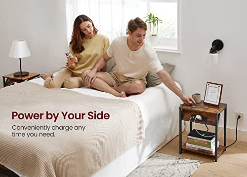 VASAGLE End Table with Charging Station, Set of 2, Small Side Tables for Living Room, Bedroom, Nightstand with Outlets and USB Ports, Bedside Table with Storage Shelf, Rustic Brown and Black VASAGLE