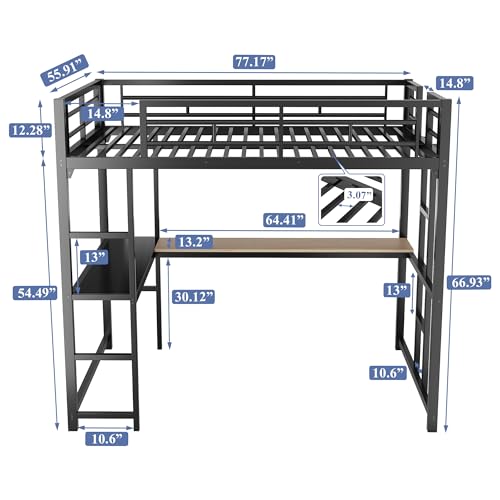 KMBOHE Full Size Loft Bed with Desk and Shelves, Metal Loft Bed with Ladder and Guardrails, Loft Bed Frame for Bedroom, Black KMBOHE