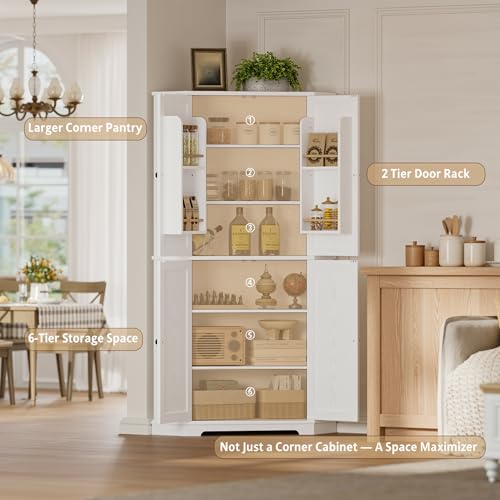 IRONCK Corner Cabinet, 72" H Kitchen Pantry Storage Cabinet, 4 Barn Doors with Storage Rack, 4 Adjustable Shelves, 6-Tier Tall Food Pantry Cabinet, Farmhouse Hutch for Kitchen Dining Room, White IRONCK