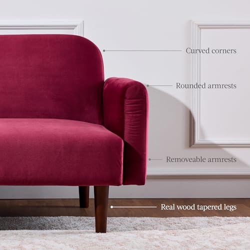 Best Choice Products 77" Mid Century Modern Velvet Loveseat Sofa, Couch, Convertible Sofa Sleeper Bed w/Real Wood, Removable Armrest - Raspberry Best Choice Products
