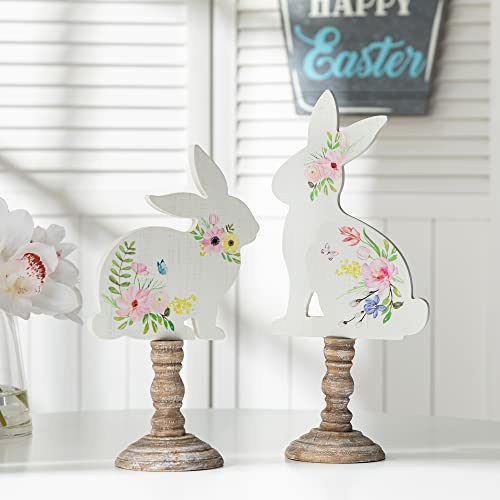 Glitzhome Easter Bunny Decor Set of 2 Wooden Bunny Signs Table Decor Farmhouse Rustic Wood Bunny Blocks Hand Painted Rabbit Statues for Spring Decorations Home Mantel Easter Collectible Ornaments