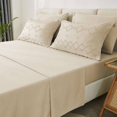 EMME Twin Comforter Set - 5 Pcs Beige Boho Bedding Sets, Tufted Comforter with Sheets, Shabby Chic Embroidery Twin Bed Set Fluffy Bed Bag for All Season(68"X90") EMME