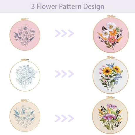 Offizon 3 PCS Embroidery Kit for Beginners - Cross Stitch DIY Craft Set, Flower Embroidery Accessories & Hoop Included, Hand Embroidery Kit for Adults Stitching Sewing Kit Gift | FlowerB Patterns Offizon