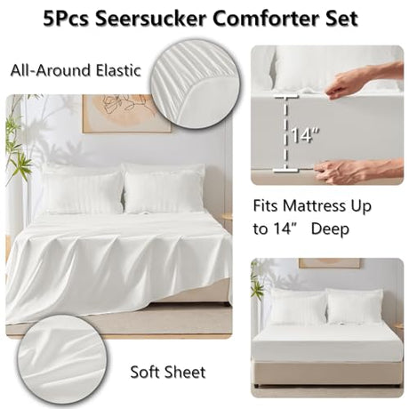 CozyLux Twin Comforter Set with Sheets 5 Pieces, White Seersucker Textured Bed in a Bag for Girls, Luxury Soft Bedding Set with Down Alternative Comforter, Sheets, Pillowcase & Sham for All Seasons CozyLux