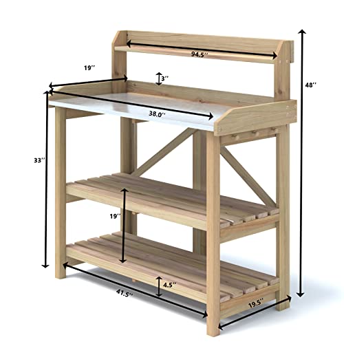 S AFSTAR Garden Potting Bench, Gardening Work Station Table with 2 Storage Shelves, Fir Wood Structure and Metal Tabletop, Gardening Table Potting Benches for Outside Backyard Balcony S AFSTAR