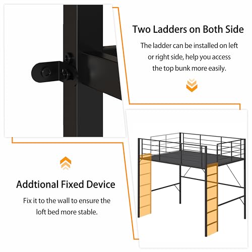 Realhotan 75Inch Queen Loft Bed with Ladder and High Guardrail, No Box Spring Required,Space-Saving,No Sagging Metal Slat Support Heavy Duty Bedframe, Black Realhotan