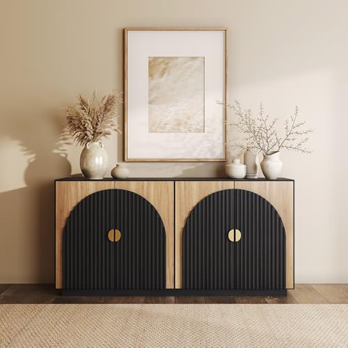 BELLEZE 65 Inch Fluted Buffet Cabinet with Storage, Symmetrical Arc Accent Sideboard Large Console Table for Dining Room, Kitchen, and Living Room (Camel) BELLEZE