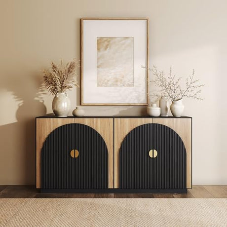 BELLEZE 65 Inch Fluted Buffet Cabinet with Storage, Symmetrical Arc Accent Sideboard Large Console Table for Dining Room, Kitchen, and Living Room (Camel) BELLEZE
