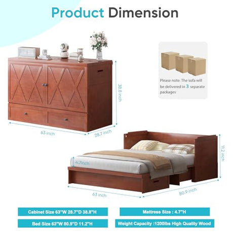 CECER Queen Size Murphy Bed with Tri-Folding Mattress，Murphy Bed with Charging Station and Two Large Storage Drawers for Small Spaces/Bedroom（Maroon）-Mattress Include CECER