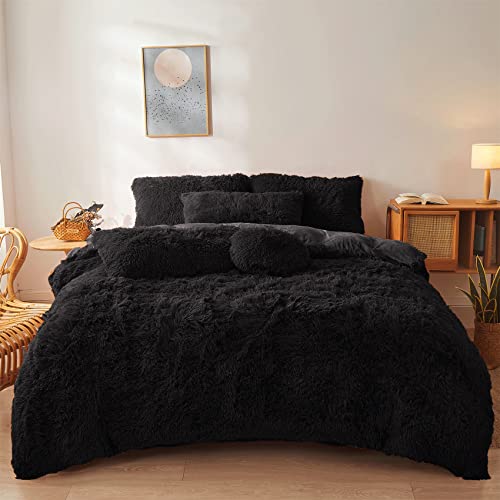 FOPPA Fluffy Black comforters Cover Twin Size - Ultra Soft Plush Bedding Sets 2 Pieces (1 Faux Fur Comforter Cover + 1 Fuzzy Pillow case) Girls Shaggy Bed Set (Black, Twin) FOPPA