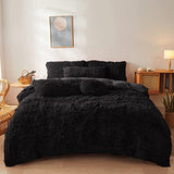 FOPPA Fluffy Black comforters Cover Twin Size - Ultra Soft Plush Bedding Sets 2 Pieces (1 Faux Fur Comforter Cover + 1 Fuzzy Pillow case) Girls Shaggy Bed Set (Black, Twin) FOPPA