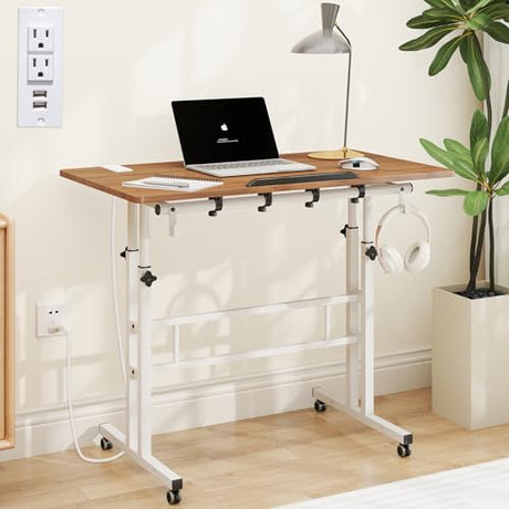 SIDUCAL Mobile Stand Up Desk with USB Ports and Outlets, Adjustable Laptop Desk on Wheels, Home Office Workstation, Rolling Laptop Cart for Standing or Sitting, 31.5" x 23.6" Vintage Oak SIDUCAL
