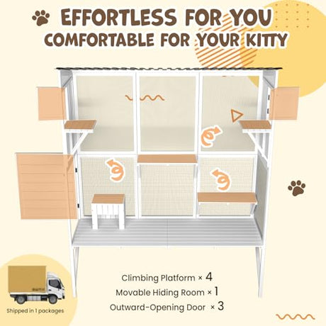 JFHID Catio Outdoor Cat Enclosure with Window Access, Large Window Catio Wood Cat House with 4 Platforms & 3 Doors for Napping & Nature Viewing – All-Weather Pet Cage for Indoor Cats, White JFHID