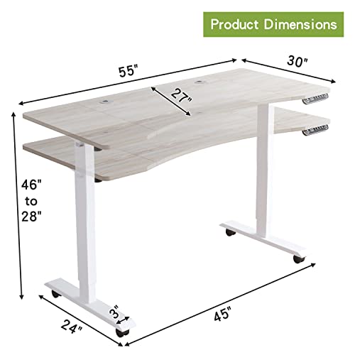 Radlove Electric Standing Desk, 55 x 30 Height Adjustable Computer Desk Sit Stand Desk Home Office Desks with Splice Board and A Under Desk Cable Management Tray (White Frame + Oak Top) Radlove
