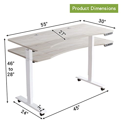 Radlove Electric Standing Desk, 55 x 30 Height Adjustable Computer Desk Sit Stand Desk Home Office Desks with Splice Board and A Under Desk Cable Management Tray (White Frame + Oak Top) - WoodArtSupply