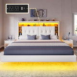 DWVO Queen Size Floating Bed Frame with Bookcase Storage Headboard, RGB LED Lights Beds with Charging Station, Upholstered Platform with Heavy Duty Wood Slat, No Box Spring Needed, Beige DWVO
