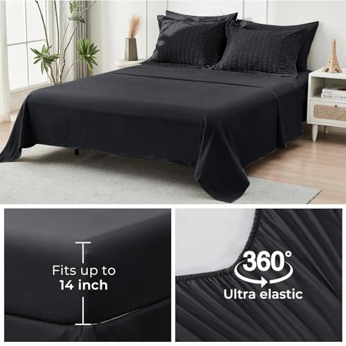 HYMOKEGE Black California King Comforter Set Seersucker 7 Pieces, All Season Luxury Bed in a Bag for Bedroom, Bedding Set with Comforters, Sheets, Pillowcases & Shams HYMOKEGE