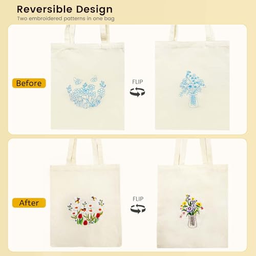 SNAIL GARDEN Double-Sided Embroidery Tote Bag Kit for Beginners, Reversible Floral and Bee & Vase Design, Complete Cross Stitch Supplies Included for Adults & Women