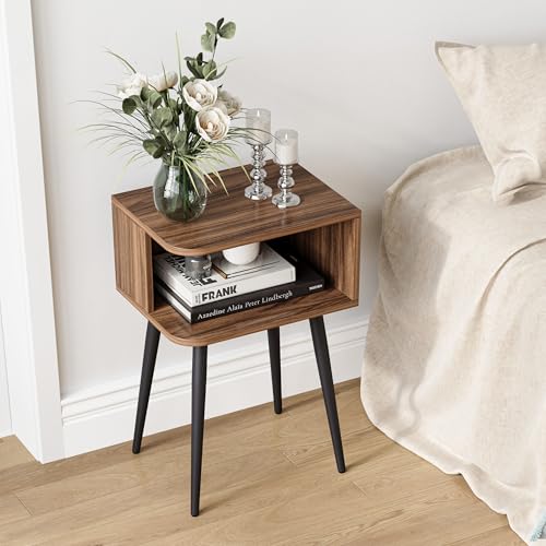 Nightstand Set of 2, Small Bed Side Table for Small Spaces, Mid Century Modern Nightstand End Table with Open Storage, Side Table for Bedroom Living Room, Walnut Brown MLBZ20R-2 MMEOLUOOK