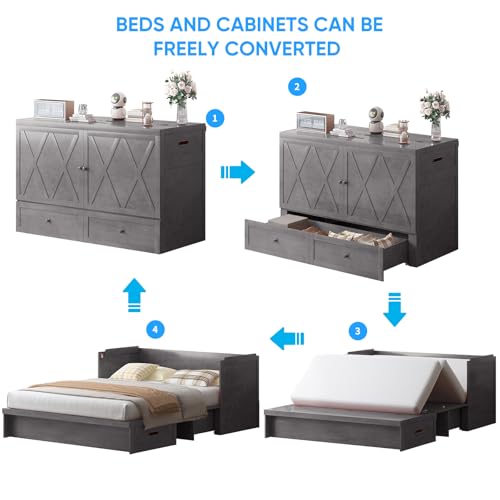 PUREMIND Murphy Bed Queen, Modern Murphy Cabinet Bed with USB Charging Station & Large Storage Drawer, Space-Saving Full Foldable Platform Bed for Guest Bedroom (Gray) PUREMIND