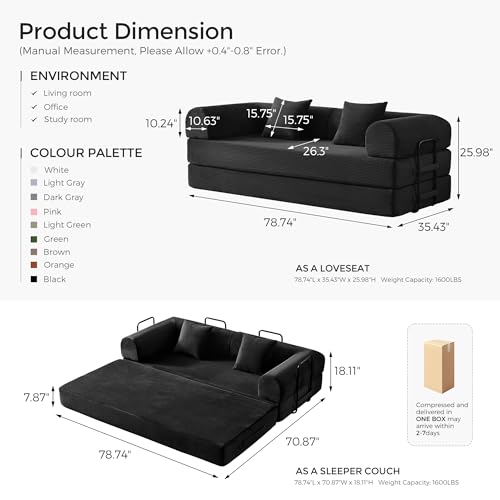 79" Convertible Sofa Bed with Fixed-Shape Frame & Removable Armrests, Modular Corduroy Sleeper Sofa, Folding Mattress Couch for Small Spaces - No Assembly Needed in Black (Includes 2 Pillows) SAVENICA