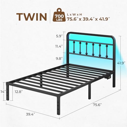 Rolanstar Twin Bed Frame, 14 Inch Metal Platform with Headboard, Charging Station & LED Lights, Under Bed Storage, Heavy Duty, No Box Spring Needed, Easy Assembly, Black Rolanstar