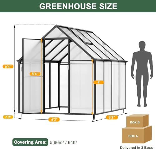 Polycarbonate Greenhouse, 8.2x6.2 FT Easy Assembly Aluminum Heavy Duty Greenhouses for Outdoors w/ Window, Swing Door, Walk-in Green House for Sunroom,Outside, Backyard, Garden, Black CDCASA