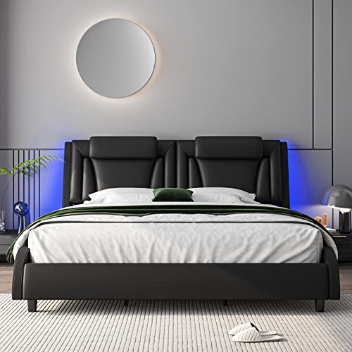 Keyluv LED Upholstered King Bed Frame with Adjustable Headboard and Wave-Like Design in Black - WoodArtSupply