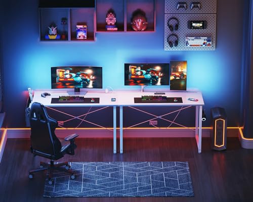 KKL Small Desk with Power Outlets and USB Port Computer Desk for Home Office Gaming Simple Modern Style Writing Desks with Storage Bag Headphone Hook, 40 inch, White KKL