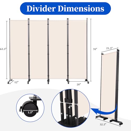 Room Divider 6FT Room Partition with Lockable Wheels, (Thicked Metal Base) Room Dividers, Freestanding Indoor Folding Privacy Screens, Portable Fabric Wall Divider for (Beige, 88"- 4 Panel) JVVMNJLK