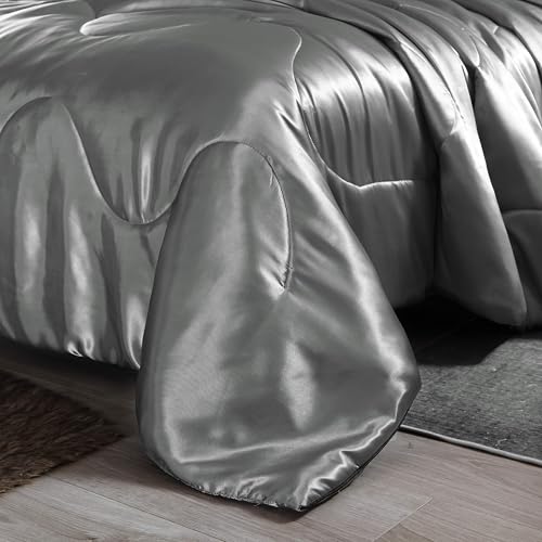 Holawakaka Luxurious Solid Satin Silk Like Comforter Set Ultra Soft Silky Quilt Breathable Bedding Bed-in-A-Bag Queen Size (Grey) Holawakaka