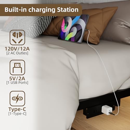 Muluflower Floating Bed Frame California King Size with Charging Station and LED Lights, Metal Platform Bed Frame, No Box Spring Needed, Easy Assembly, (California King) Muluflower