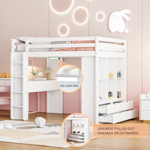 Merax White Full Size Loft Bed with Shelves, Desk, and LED Light - WoodArtSupply