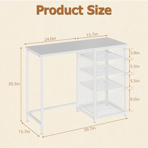 White Vanity Desk with 4 Large Drawers, 40“ Vanity Desk no Mirror, Small Makeup Vanity with Visual Large Capacity Iron Drawer with classification grid, Desks for Home Office Small Space with Storage Hcaauynk