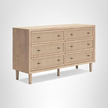 Signature Design by Ashley Cielden Coastal 6-Drawer Dresser, Bronze-Tone Knobs, Safety Stop, Textured Cane Details, 62.01" W x 19.65" D x 35.67" H, Light Brown Signature Design by Ashley