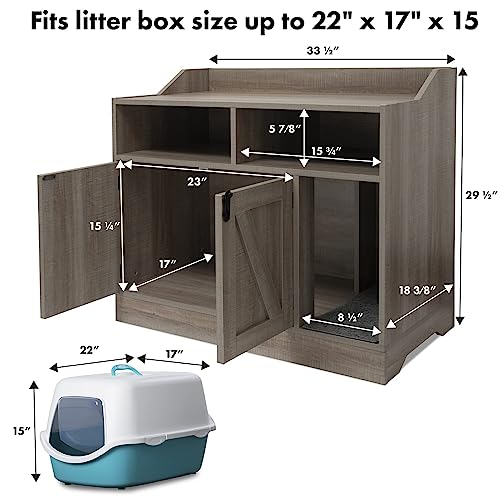 Front Row Cat Litter Box Furniture Enclosure | Wooden Hideaway Litterbox | Magnetic Closure with Metal Latch | Includes Cat Litter Trapping Non-Slip Mat with Scatter Control | Greige FRONT ROW