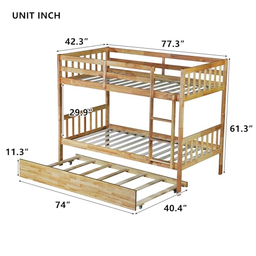 PVWIIK Convertible Bed Frame/Twin Size Rubber Wood Bunk Bed with Trundle for Kids/Boy/Girl Bedroom,Twin Over Twin Bunk Bed with Ladder and Safety Guardrails,No Box Spring Needed,Natural PVWIIK