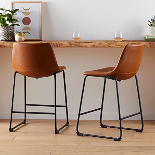Walker Edison Douglas Urban Industrial Faux Leather Armless Counter Chairs, Set of 2, Whiskey Brown Walker Edison