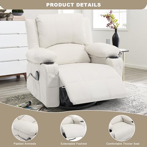 linting Leather Swivel Rocker Recliner Chair with Massage and Heat Overstuffed Manual Recliner Chairs with Cup Holders, Beige Rocking Glider Chairs