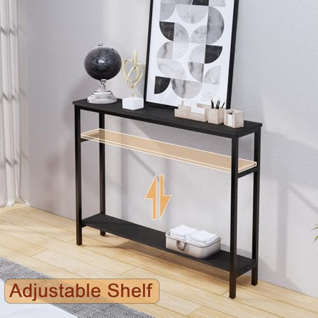 Timberer Narrow Console Table, 39.4” Sofa Table with Adjustable Shelf, 2-Tier Long Skinny Table for Hallway, Entryway, Living Room, Foyer, Black Timberer