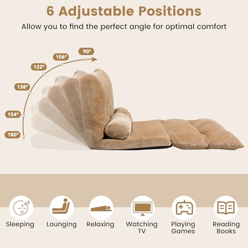 KOMFOTT Foldable Floor Lazy Sofa with 2 Pillows, 6-Position Adjustable Reclining Sofa Sleeper Bed, Convertible Futon Couch Bed, Floor Couch Lounge for Relaxing, Reading, Playing, Gaming (Coffee) KOMFOTT