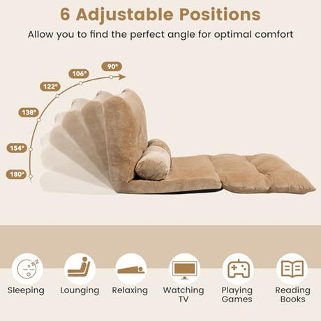 KOMFOTT Foldable Floor Lazy Sofa with 2 Pillows, 6-Position Adjustable Reclining Sofa Sleeper Bed, Convertible Futon Couch Bed, Floor Couch Lounge for Relaxing, Reading, Playing, Gaming (Coffee) KOMFOTT