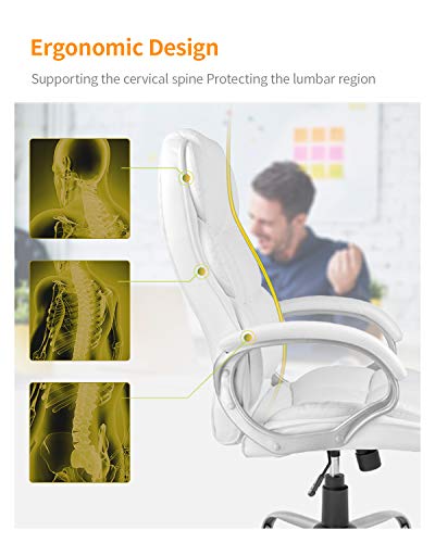 Office Chair Computer High Back Adjustable Ergonomic Desk Chair Executive PU Leather Swivel Task Chair with Armrests Lumbar Support (White) FDW